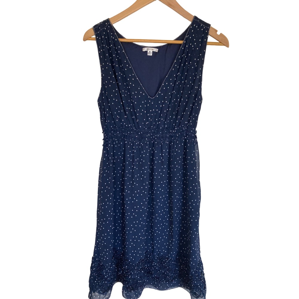 Sophie Max Navy Blue Polka Dot V-Neck Dress Rosette Hem Smocked Waist Medium